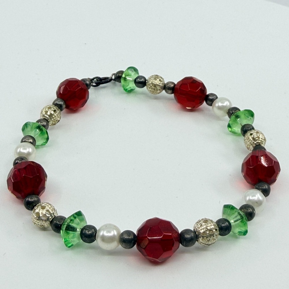 Festive Beaded Bracelet Holiday Statement Jewelry Red Green White Chunky Gift